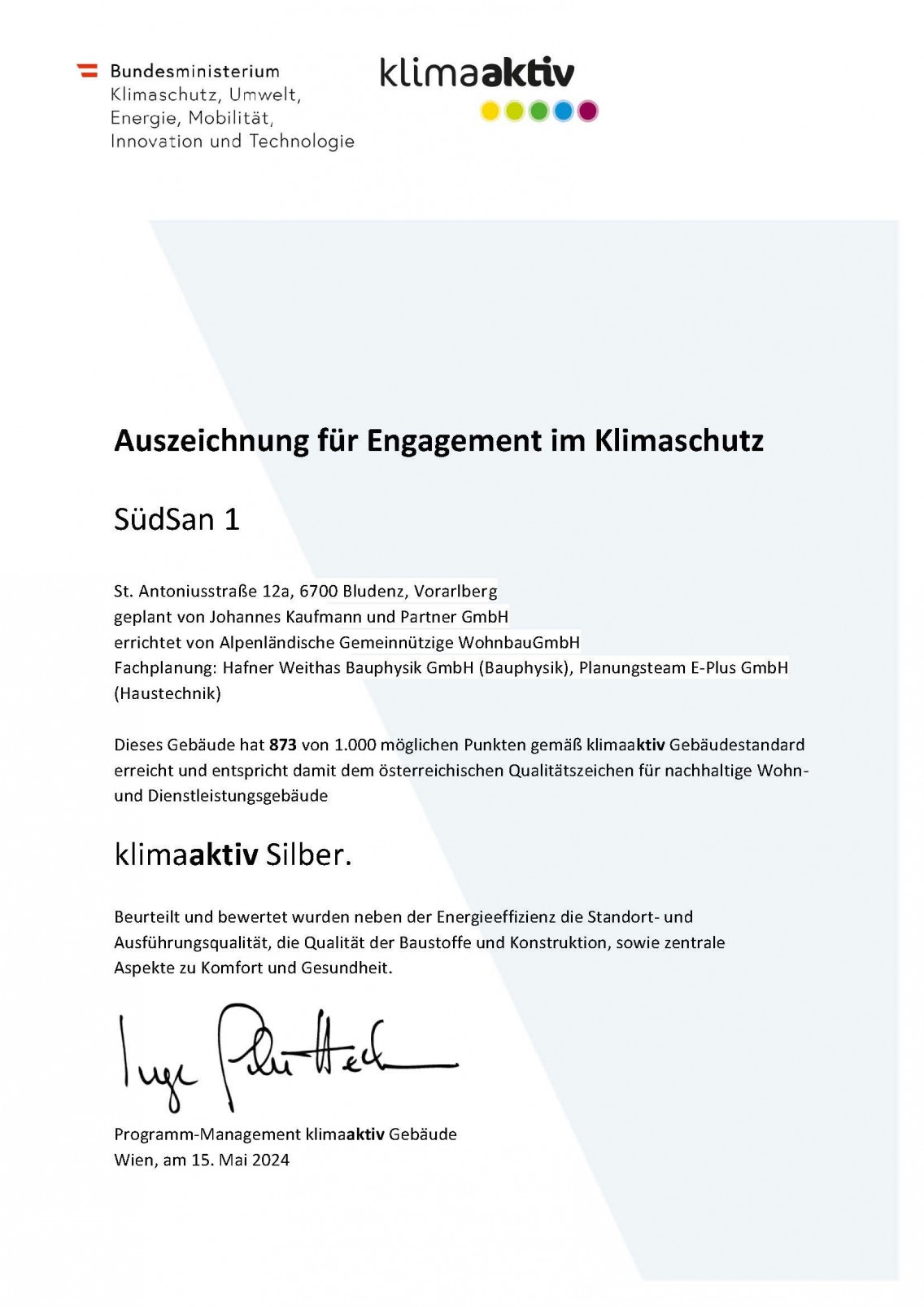 Auszeichnungen für Engagement im Klimaschutz - SüdSan Haus 19 und Haus 12a