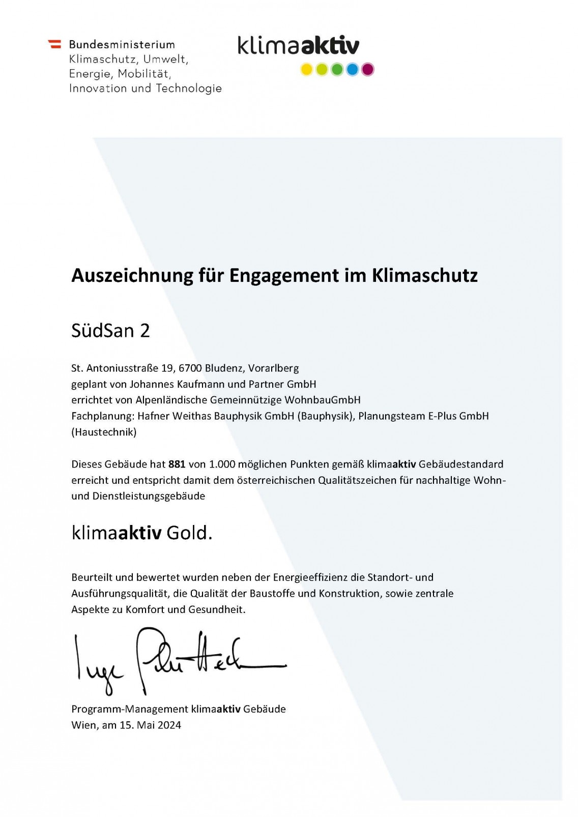 Auszeichnungen für Engagement im Klimaschutz - SüdSan Haus 19 und Haus 12a